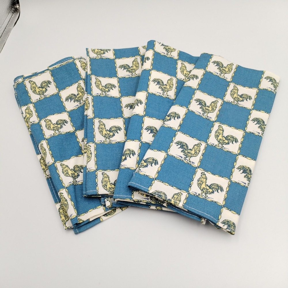 Waverly Rooster Cloth Napkins Set of 4 Blue Yellow Checkerboard Farmhouse 20"
